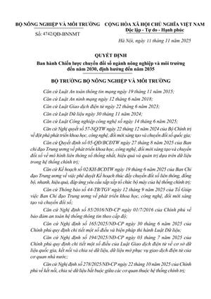 Quyết định số 4742/QĐ-BNNMT ngày 11 tháng 11 năm 2025, về việc ban hành Chiến lược chuyển đổi số ngành nông nghiệp và môi trường đến năm 2030, định hướng đến năm 2035