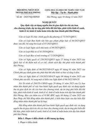 Nghị Quyết quy định việc sử dụng nguồn thu từ giao dịch tín chỉ các-bon cho chương trình, dự án ứng phó biến đổi KH,  PT kinh tế xanh, kinh tế số, kinh tế tuần hoàn trên địa bàn thành phố Hải Phòng
