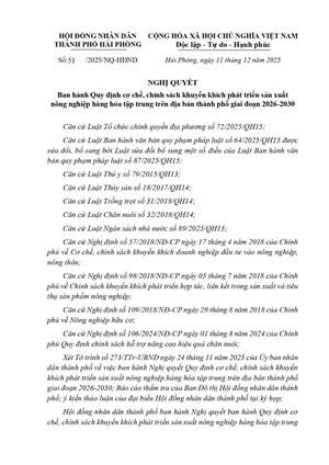Nghị Quyết ban hành Quy định cơ chế, chính sách khuyến khích phát triển sản xuất nông nghiệp hàng hoá tập trung trên địa bàn thành phố giai đoạn 2026-2030