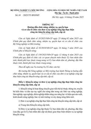 Thông tư hướng dẫn chức năng, nhiệm vụ, quyền hạn và cơ cấu tổ chức của đơn vị sự  nghiệp công lập thực hiện công tác khuyến nông cấp tỉnh, cấp xã