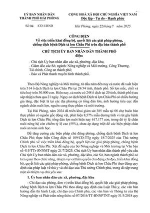 Công điện số 04/CĐ-UBND ngày 22 tháng 7 năm 2025 về việc triển khai đồng bộ, quyết liệt các giải pháp phòng, chống dịch bệnh Dịch tả lợn Châu Phi trên địa bàn thành phố