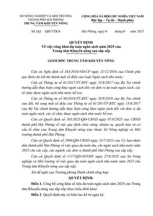 QUYẾT ĐỊNH Về việc công khai dự toán ngân sách năm 2025 của Trung tâm Khuyến nông sau sắp xếp