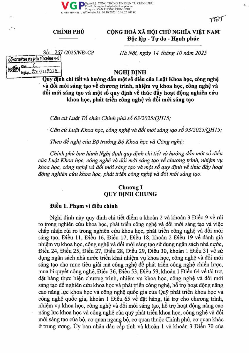 Nghị định quy định chi tiết và hướng dẫn một số điều của Luật KH, CN và đổi mới sáng tạo và một số quy định về thúc đẩy hoạt động nghiên cứu khoa học, phát triển công nghệ và đổi mới sáng tạo