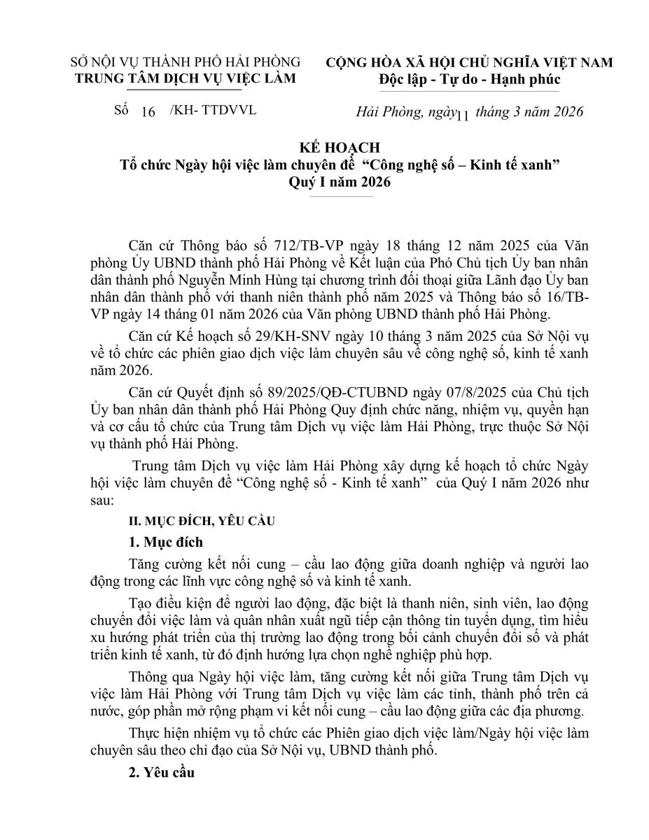 Kế hoạch tổ chức Ngày hội việc làm chuyên đề " Công nghệ số - Kinh tế xanh" Quý I năm 2026