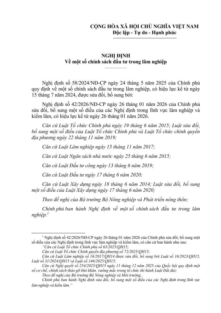 Nghị định về một số chính sách đầu tư trong lâm nghiệp