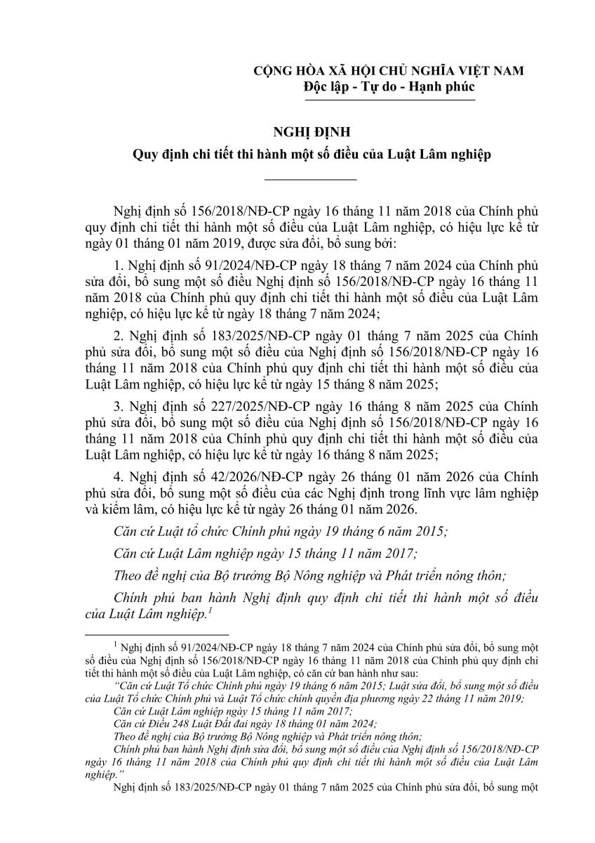Nghị Định quy định chi tiết thi hành một số điều của Luật Lâm nghiệp