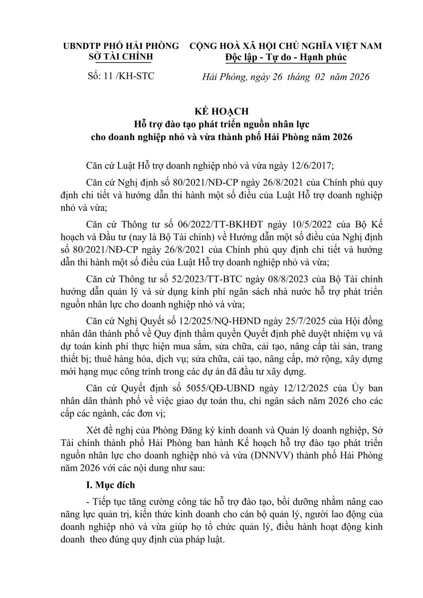 Kế hoạch hỗ trợ đào tạo phát triển nguồn nhân lực cho doanh nghiệp nhỏ và vừa thành phố Hải Phòng năm 2026