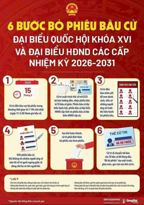 Quy trình 6 bước bỏ phiếu bầu cử đại biểu Quốc hội khóa XVI và đại biểu HĐND các cấp nhiệm kỳ 2026-2031