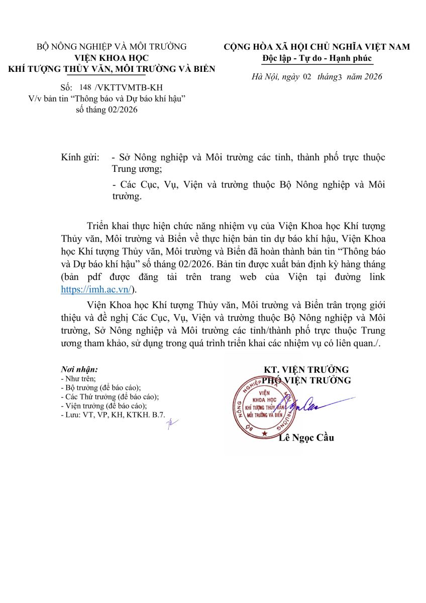 Công văn số 148/VKTTVMTB-KH ngày 02 tháng 03 năm 2026, về việc bản tin " Thông  báo và  Dự báo khí hậu" số tháng 02/2026