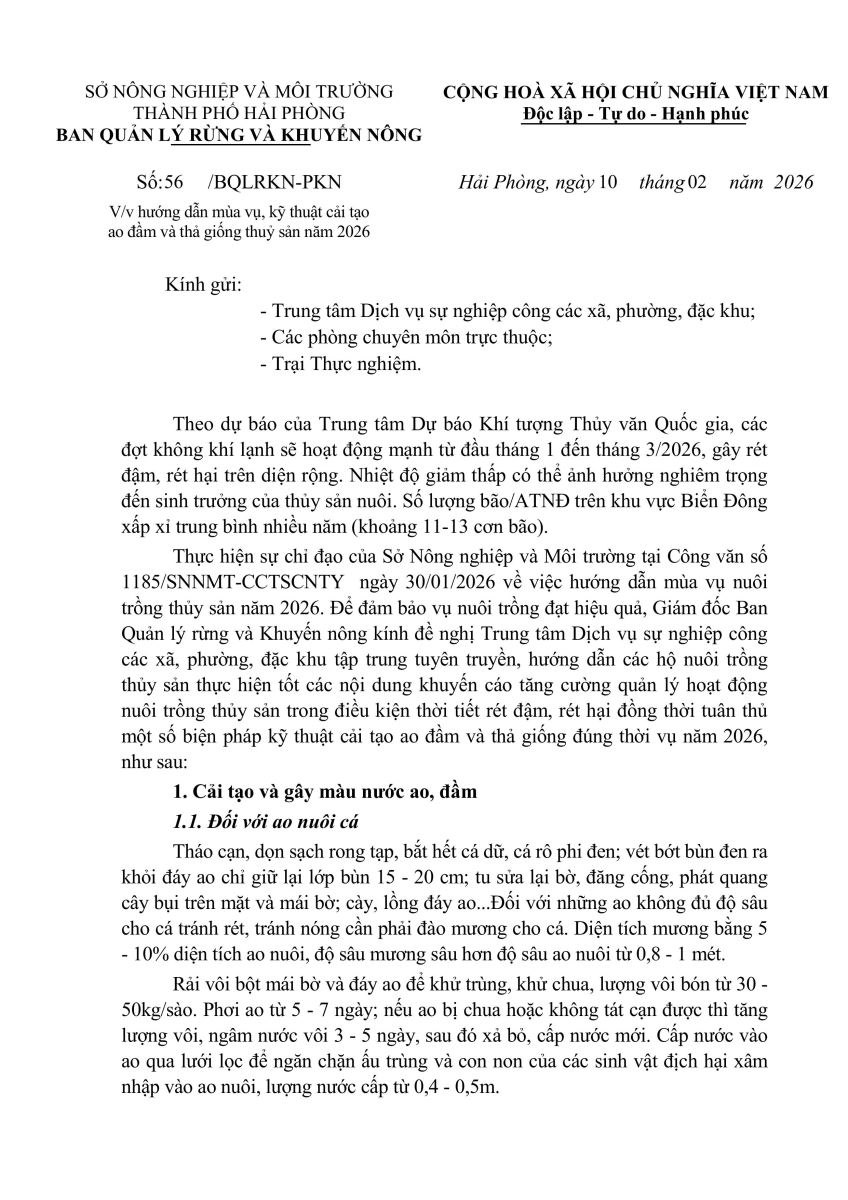 Công văn số 56/BQLRKN-PKN ngày 10 tháng 02 năm 2026 về việc hướng dẫn mùa vụ, kỹ thuật cải tạo ao đầm và thả giống thủy sản năm 2026