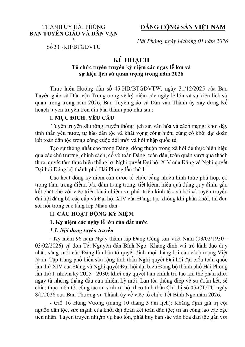 Kế hoạch tổ chức tuyên truyền kỷ niệm các ngày lễ lớn và sự kiện lịch sử quan trọng trong năm 2026