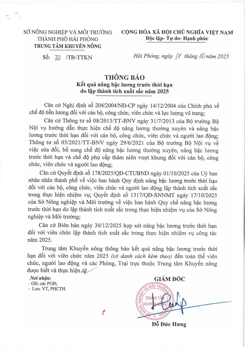 Thông báo kết quả nâng bậc lương trước thời hạn do lập thành tích xuất sắc 2025