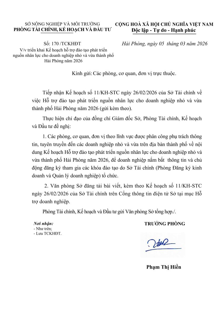 Công văn số 170/TCKHĐT ngày 05 tháng 03 năm 2026, về việc triển khai Kế hoạch hỗ trợ  đào tạo phát triển nguồn nhân lực cho doanh nghiệp nhỏ và vừa thành phố Hải Phòng năm 2026